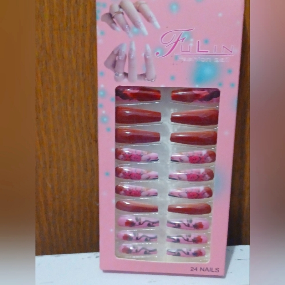 Red rose design long press on nails